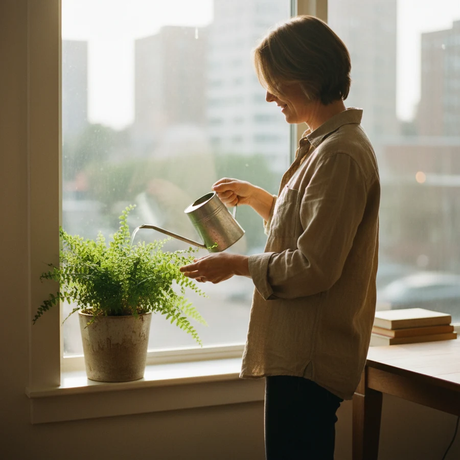 Person reaching comfortably while watering a plant, showing everyday functional joint mobility