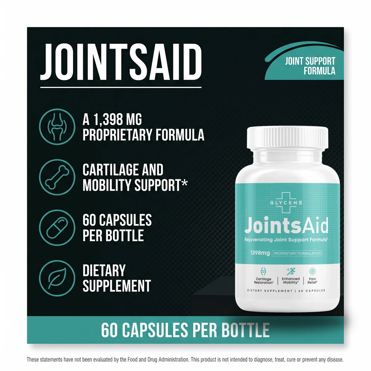 JointsAid joint support formula with a 1,398 mg proprietary blend, 60 capsules per bottle