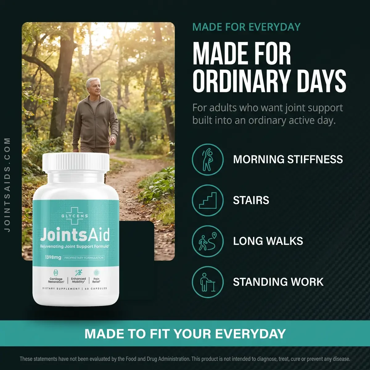 JointsAid is made for ordinary days: adults supporting their joints through morning stiffness, stairs, long walks and standing work