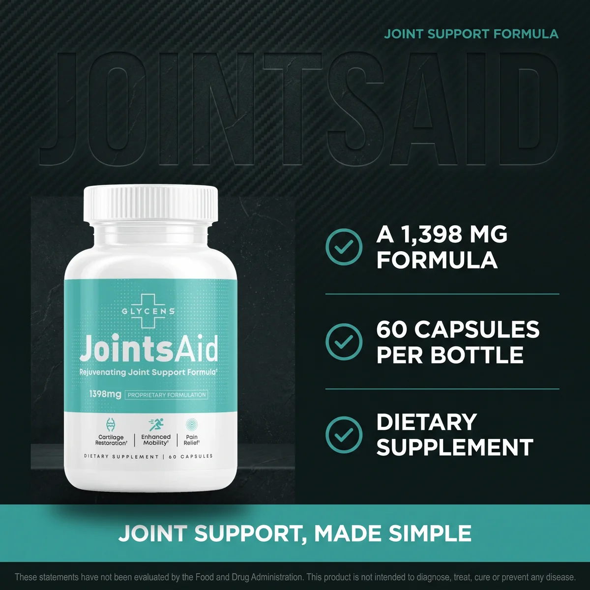 Why choose JointsAid: a 1,398 mg joint formula, 60 capsules per bottle, made in an FDA-registered facility