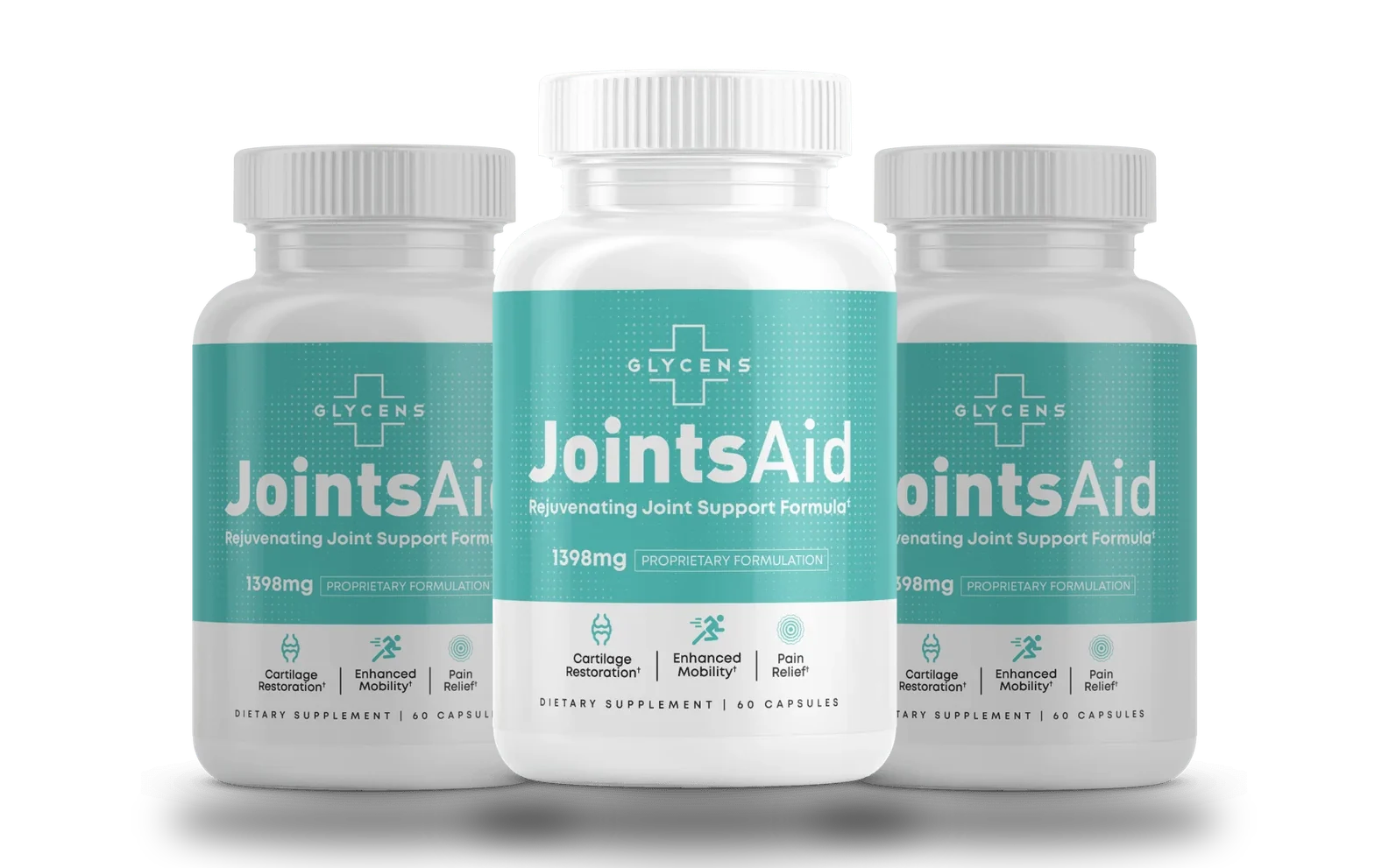 JointsAid capsule bottles shown together, available in 1, 3 and 6-bottle packages